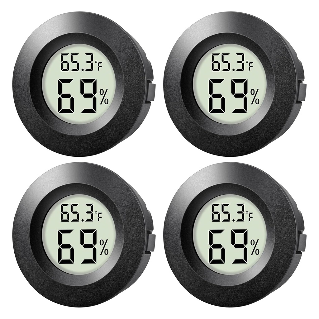 4-Pack Mini Hygrometer Thermometer Indoor Outdoor Round Humidity Meter, Small Digital LCD Monitor Thermometer Temperature Gauge Humidity Sensor (℉) or (℃) for Reptile Thermostat, Jars
