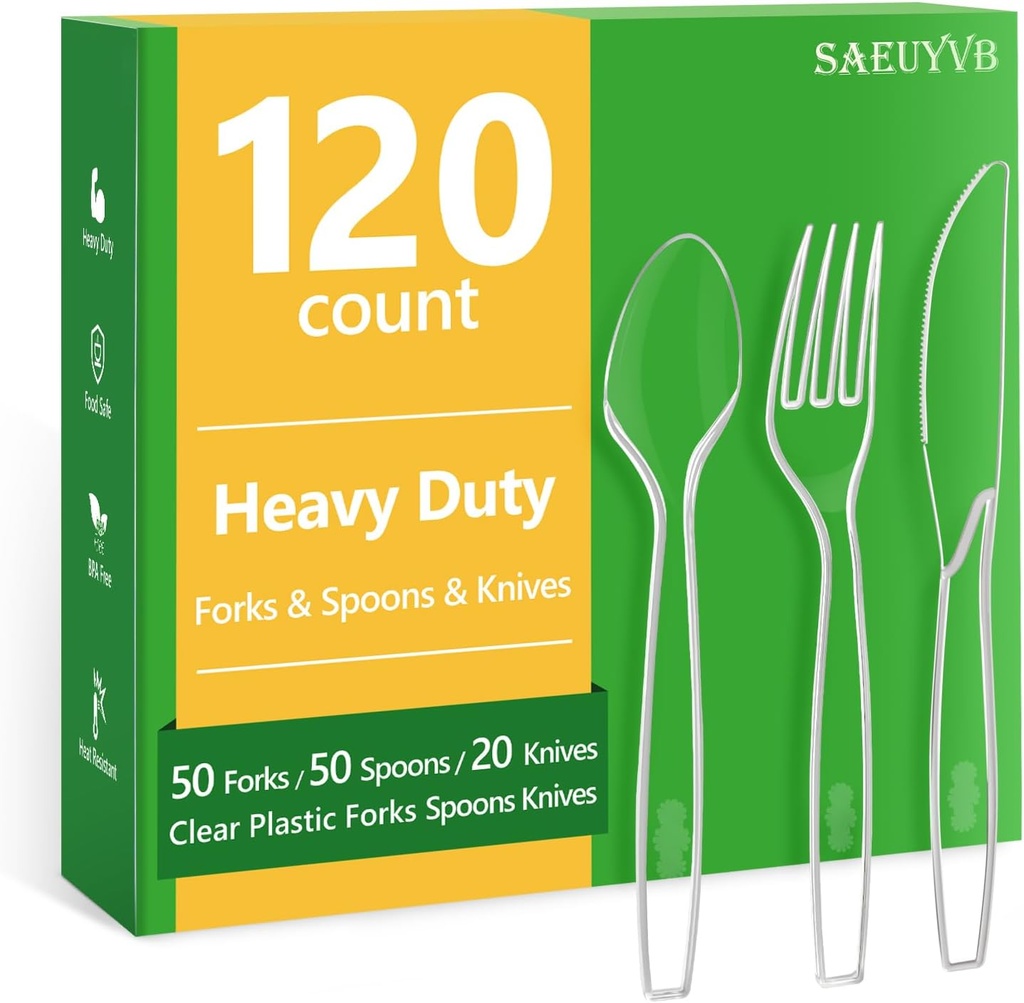 120 Count Plastic Silverware Heavy Duty-50 Forks,50 Spoons,20 Knives,BPA-Free,Disposable Plastic Utensils Set,PlasticCutlery Set,Suitable for Party Everyday Use