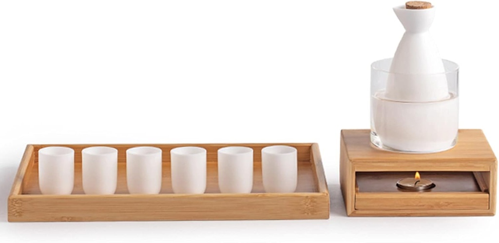 Sake Set, Saki Cups，Crafts CupCeramic Sake Set， Sake Set with Warmer, Porcelain Hot Saka Set 8-Piece Including 1Pc Warming Mug, 1Pc Sake Pot, 4Pcs Sake Cups, 1 Tray and Heating Base,Candle stove,4 cup