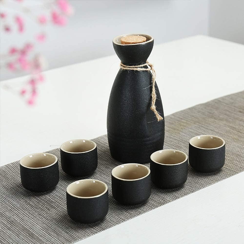 Sake Set 7 Pieces Sake Set, Black Glaze Ceramics Wine Glasses Set, Quaint Texture, for Cold/Warm/Hot Sake/Shochu/Tea,