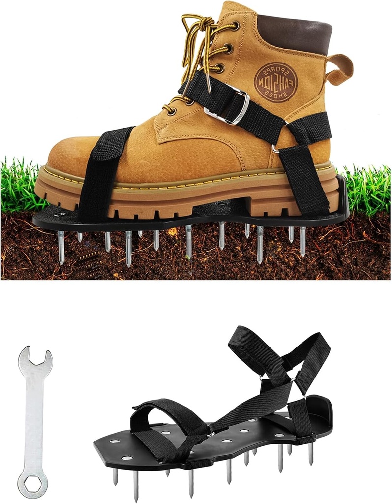 Spike Shoes, Aeration Shoes for Lawn with Heavy Duty Spikes, Aerator Shoes with Adjustable Hook & Loop Straps for Grass, Garden, One Size Fits All
