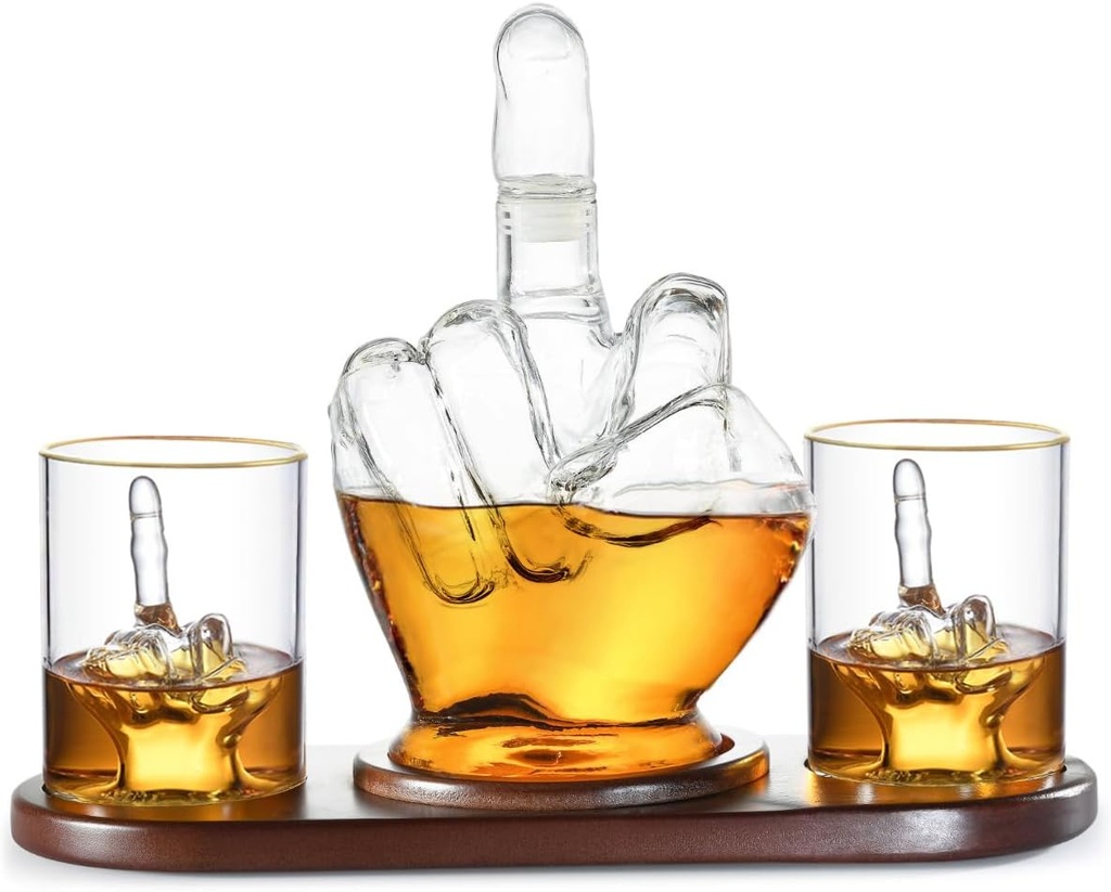 Middle Finger Whiskey Decanter Set - Wine Container & Middle Finger Glasses for Scotch, Tequila, Brandy, Rum, Bourbon & Alcoholic Drinks - Gift Accessories for Men, Dads, Boyfriends