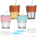 4PCS Glass Tumblers with Lid Straw Leather Sleeve, 12.8oz Reusable Iced Coffee Cup, Thick Wall Wide Mouth Travel Glass Mug, Hot & Cold Drinking Water Glasses for Tea Juice Smoothie (Clear)