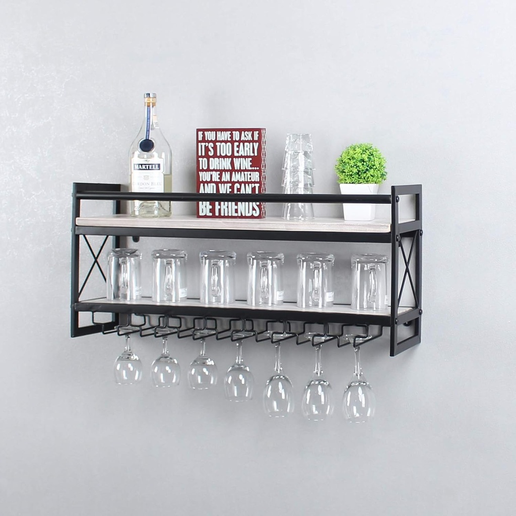 MBQQ Wine Rack Stemware Glass Rack,Industrial 2-Tier Wood Shelf,30" Wall Mounted Wine Racks with 7 Glass Holder for Wine Glasses,Mugs,Home Decor,Retro White