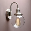 Yosoan 1-Light Vintage Industrial Fixture Light, 5.9'' Round Globe Clear Glass Shade with Elegant Gooseneck Curved Rod Hardwired Wall Sconce for Bathroom Porch Kitchen Living Room Hotel Foyer(Brushed)