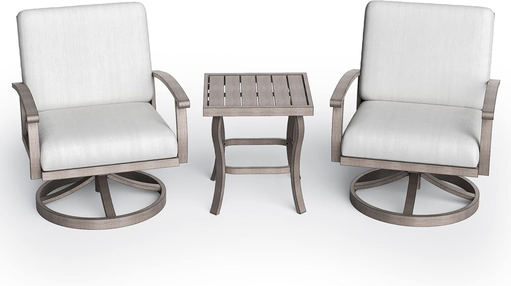HAPPATIO Aluminum Outdoor Bistro Set - 3 Piece Swivel Rocker Patio Chairs with Thick Cushions and Side Table, Small Patio Furniture Set for Backyard Porch Balcony Front Porch (Gray)