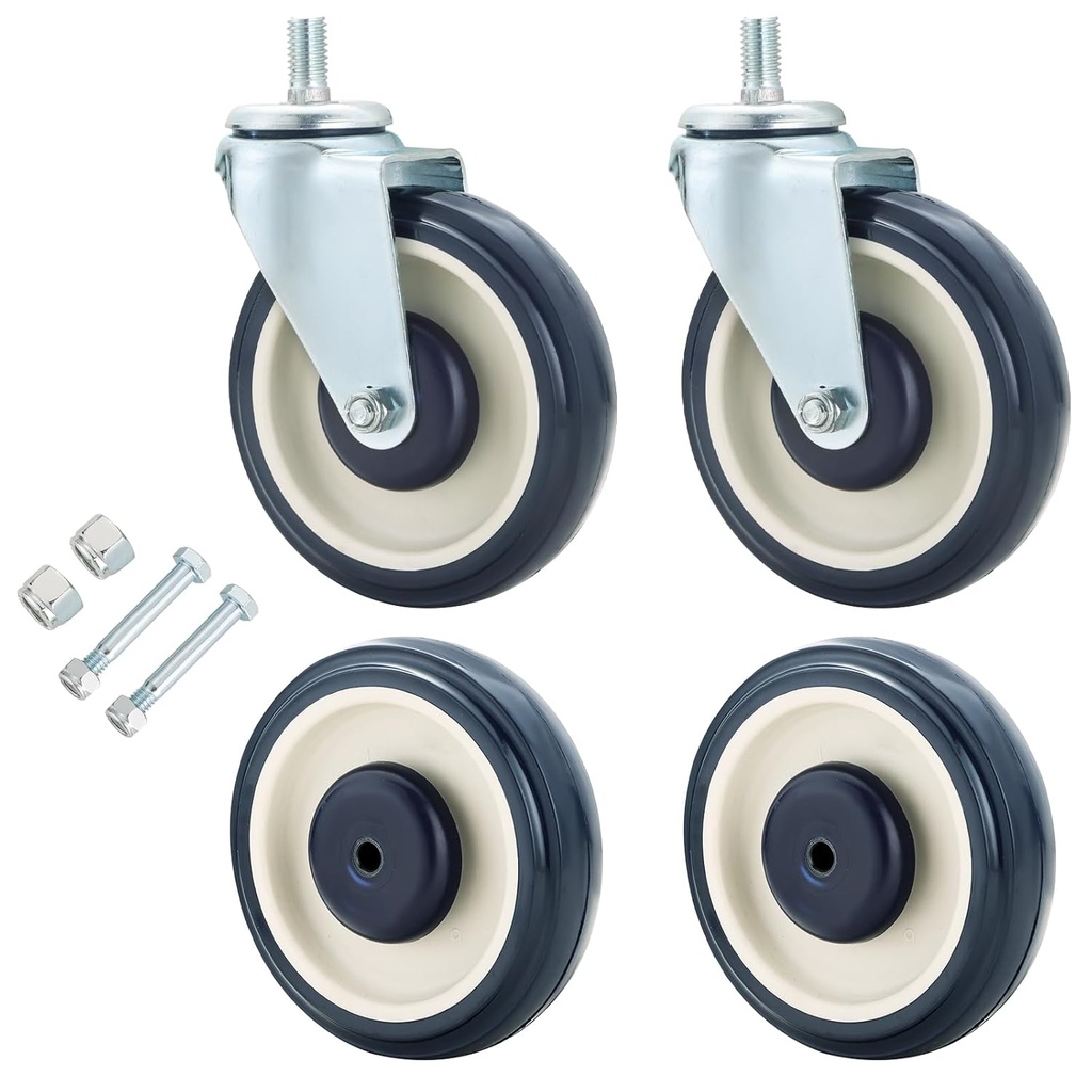 Shopping Cart Wheels Replacement Kit | 5 Inch 4 Pack, 2 Stemless & 2 Stem Threaded Caster Wheels with Hardware| Ideal for Retail Stores and Supermarkets (Blue)