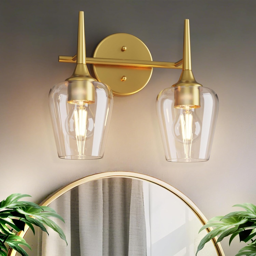 Gold Vanity Light 2-Light Modern Luxury Bathroom Light Fixture with Wine Glass Shades for 16 Inch Mirror, Wall Sconce for Hallway Bedroom