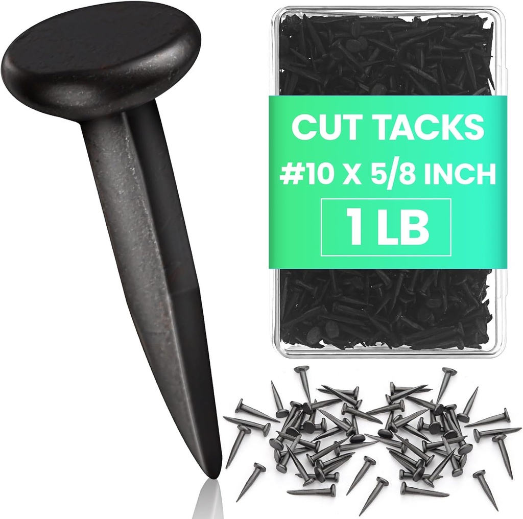 Therwen 1lb Upholstery Carpet Tacks Bulk Black Furniture Tacks Box of Hardware Cut Nails for Wood Stairs Runners Shoe Hanging and Securing Charts Banners Calendars(#10 x 5/8 Inch)