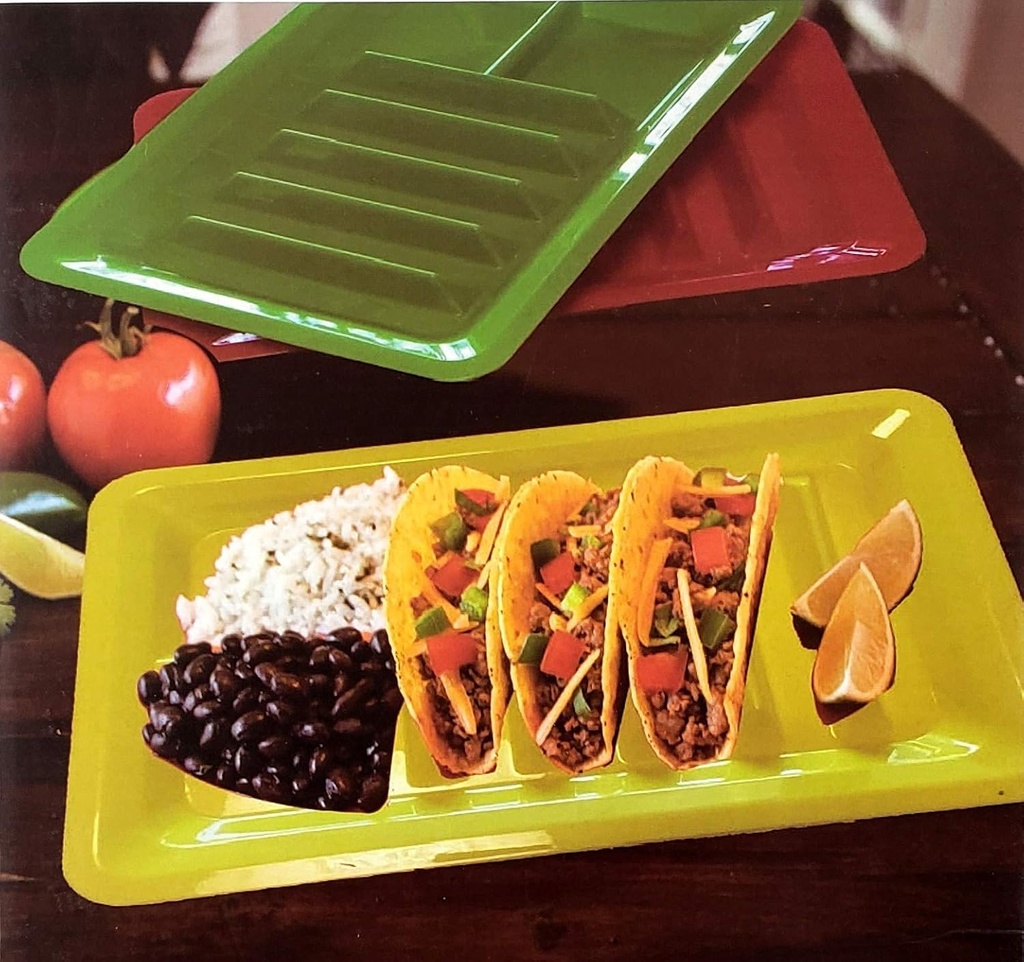 SET OF 3 PLASTIC TACO HOLDER PLATES – BPA-Free Stackable Taco Trays with Dividers, Large 12.7-Inch Mess-Free Serving Platters for Hard & Soft Shells, Microwave & Dishwasher Safe