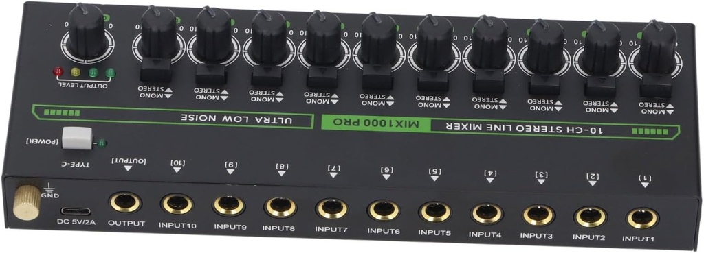 10 Channel Mixer with RGB Light, 1/4 TRS TS Low Noise Audible Mixer Stereo Mono for Stage Recording Studio (US Plug