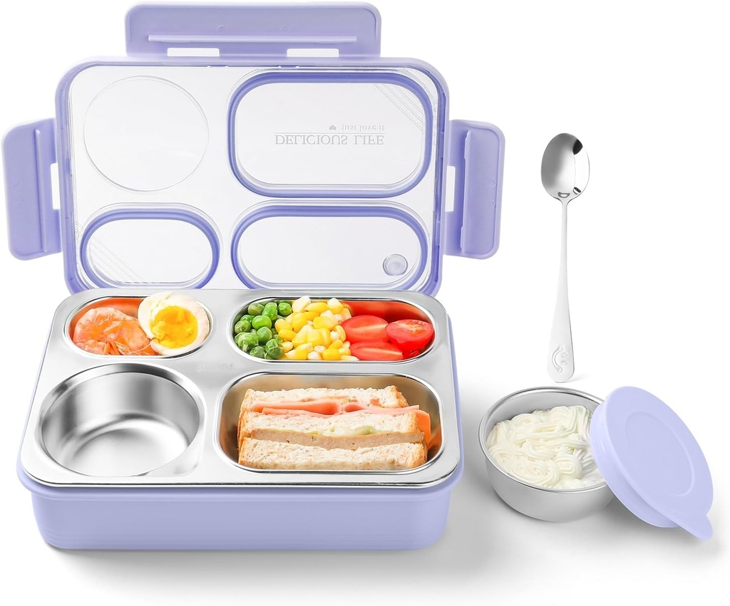 36-oz Lunch Box Containers Stainless Steel Bento Box for Adults with 4-Compartment Snack Tray, Soup Bowl with Lid & Metal Spoon, Dishwasher Safe, Easy to Carry, Purple