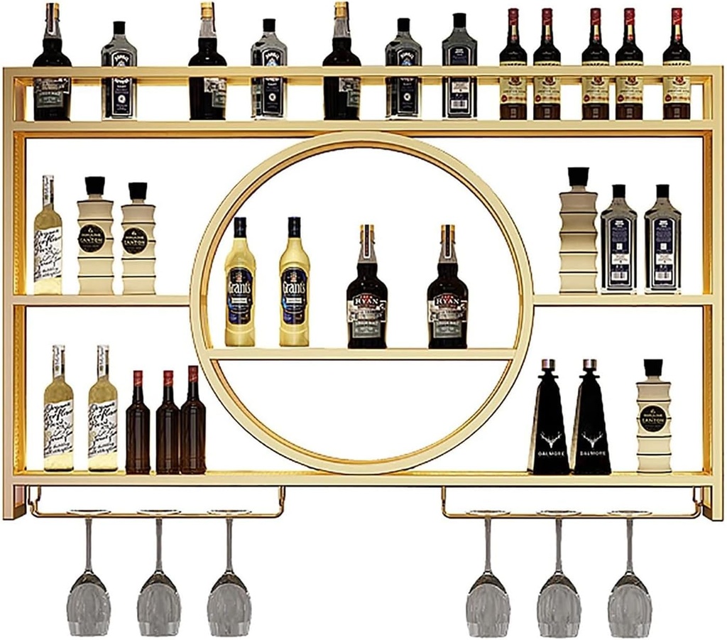 Wall Mounted Wine Rack with Wine Glass Holder,Metal Floating Bar Liquor Shelves 3 Tier,Wall Bar Shelf Wine Display Storage Holder for Kitchen Dining Room Bar Wine Cellar,Black/Gold