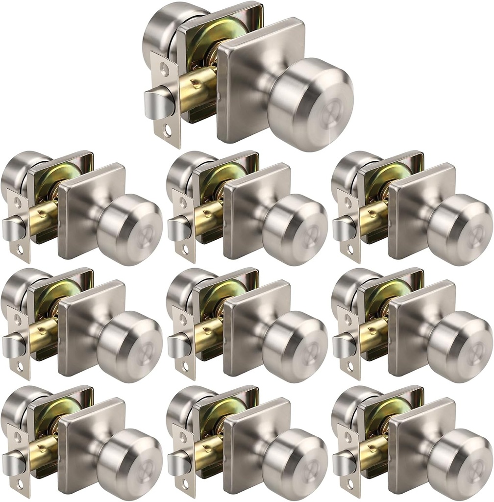 KNOBWELL Square Brushed Nickel Door Knobs, Interior Door Knobs, Closet Door Knob for Passage, Hallway, Keyless Stainless Steel Indoor Door Knob, 10 Pack