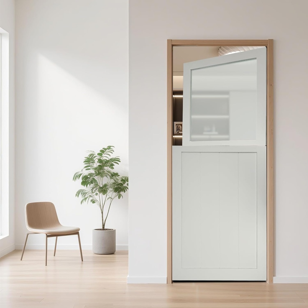 Interior Dutch Door, 32" x 80" Dutch D-oor Slab, Frosted Glass Split Single d-oor Panel, Double-Door Design, 35in Tall Glass do-or, 44.88in Tall Wood Do-or, White