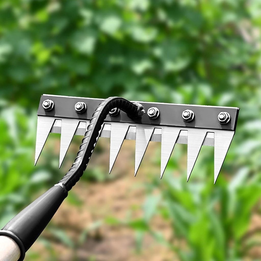 Gardenia Iron Weeding Rake, Hand Weeder Puller Tool, Manual Heavy-Duty Weed Rakes with Detachable Blade, 8 Teeth Manganese Steel Forged Weeder for Vegetable Gardening Backyard Farm Planting