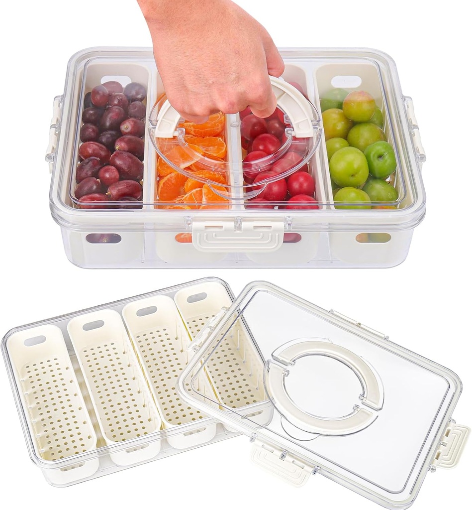 AIERSA Snackle Box Container,Divided Serving Tray with Lid,4 Compartment Travel Snack Container,Fruit Veggie Tray with Lid for Fridge Fresh Keeping,Portable Snack Tray for Picnic,Party,Travel