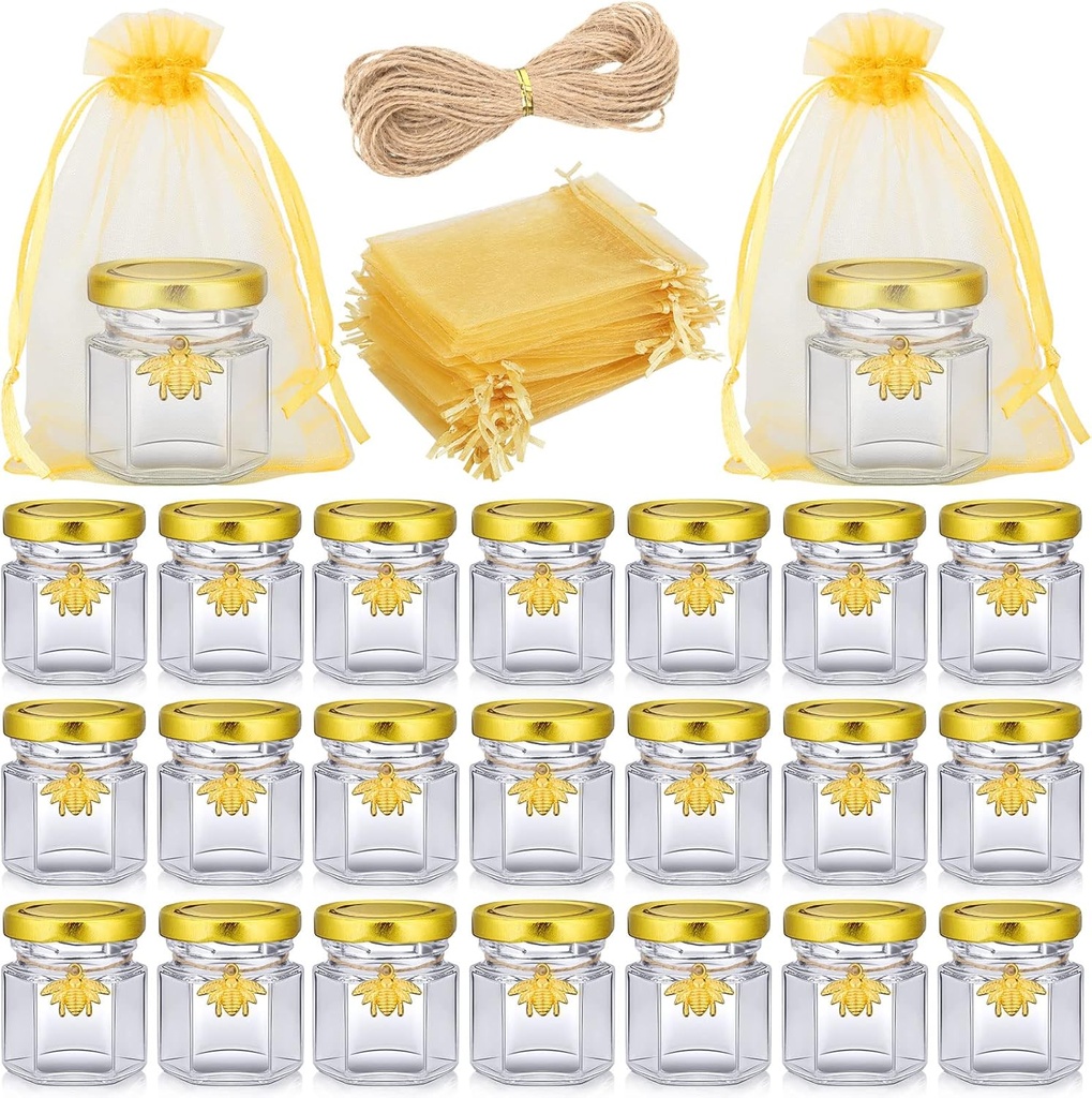 Nuogo 100 Set 1.5 oz Mini Hexagon Glass Honey Jars Small Honey Jars with Bee Pendants, Twine, Golden Gift Bags, Honey Jars with Gold Lids Glasses Canning Jars for Baby Shower, Wedding Favors