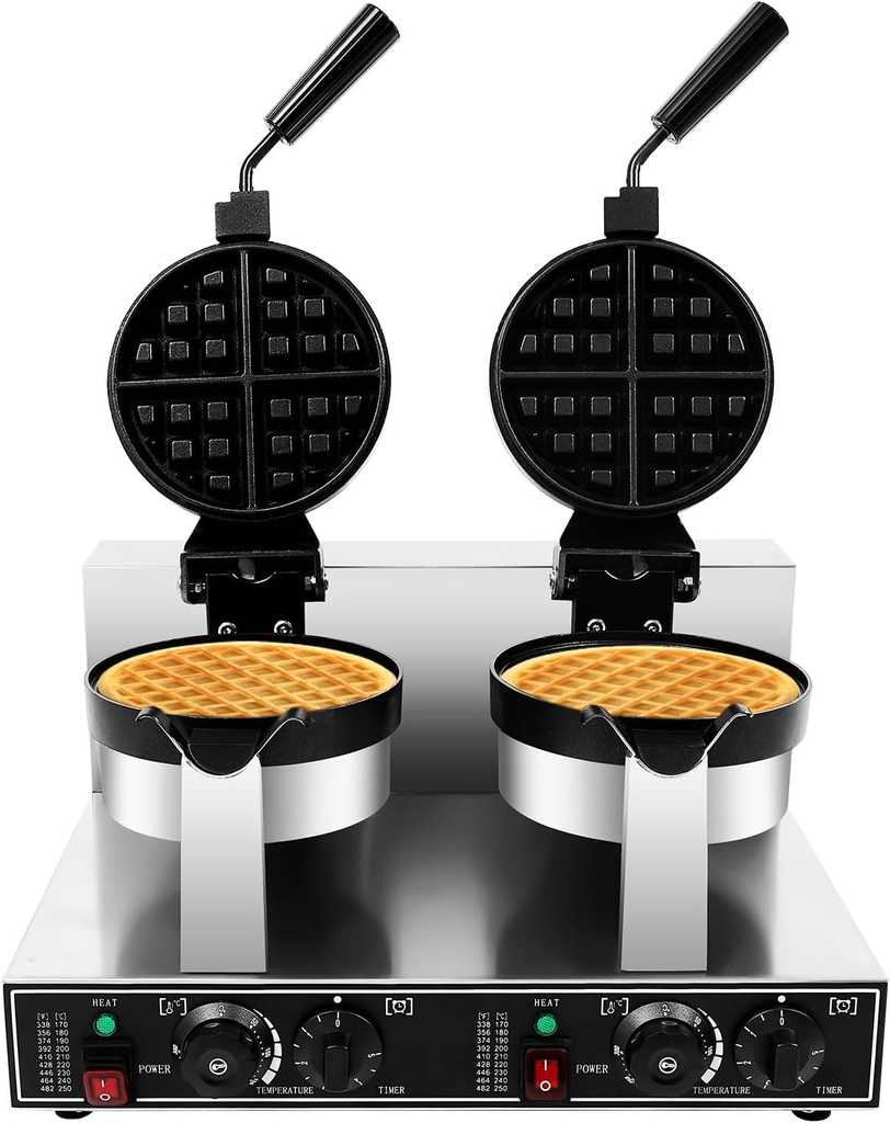 Double Head Waffle Maker, 2400W Non-Stick Stainless Steel Waffle Making Machine with Timer, Temperature Adjustable Round Waffle Iron Maker for Home, Dessert Stores, Restaurants, 110V