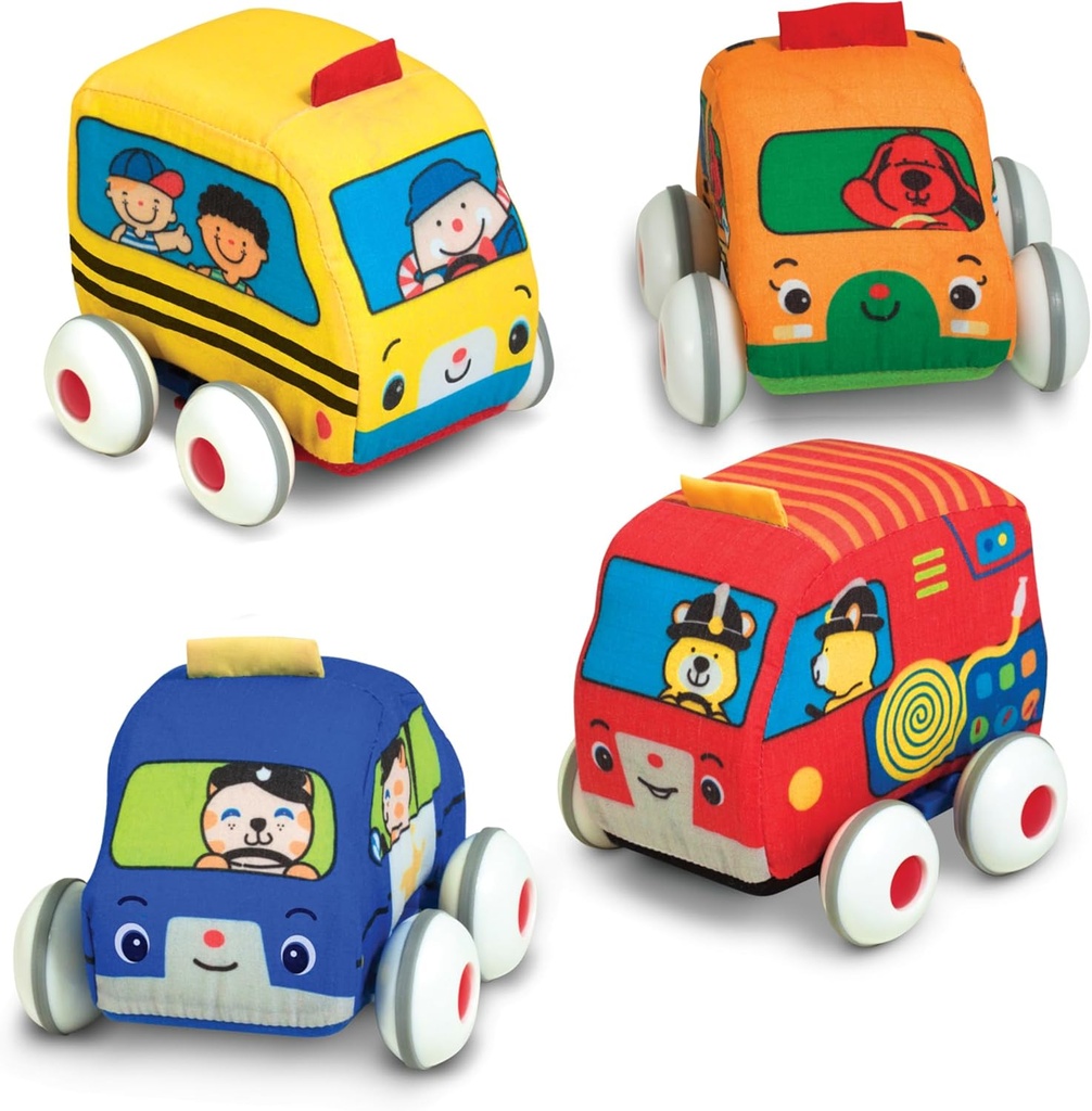 Melissa & Doug K's Kids Pull-Back Town Vehicle Set - Baby Toys Set with 4 Soft Toy Cars and Trucks, Surface Washable with Removable Wheels, Learning Toys for Babies and Toddlers