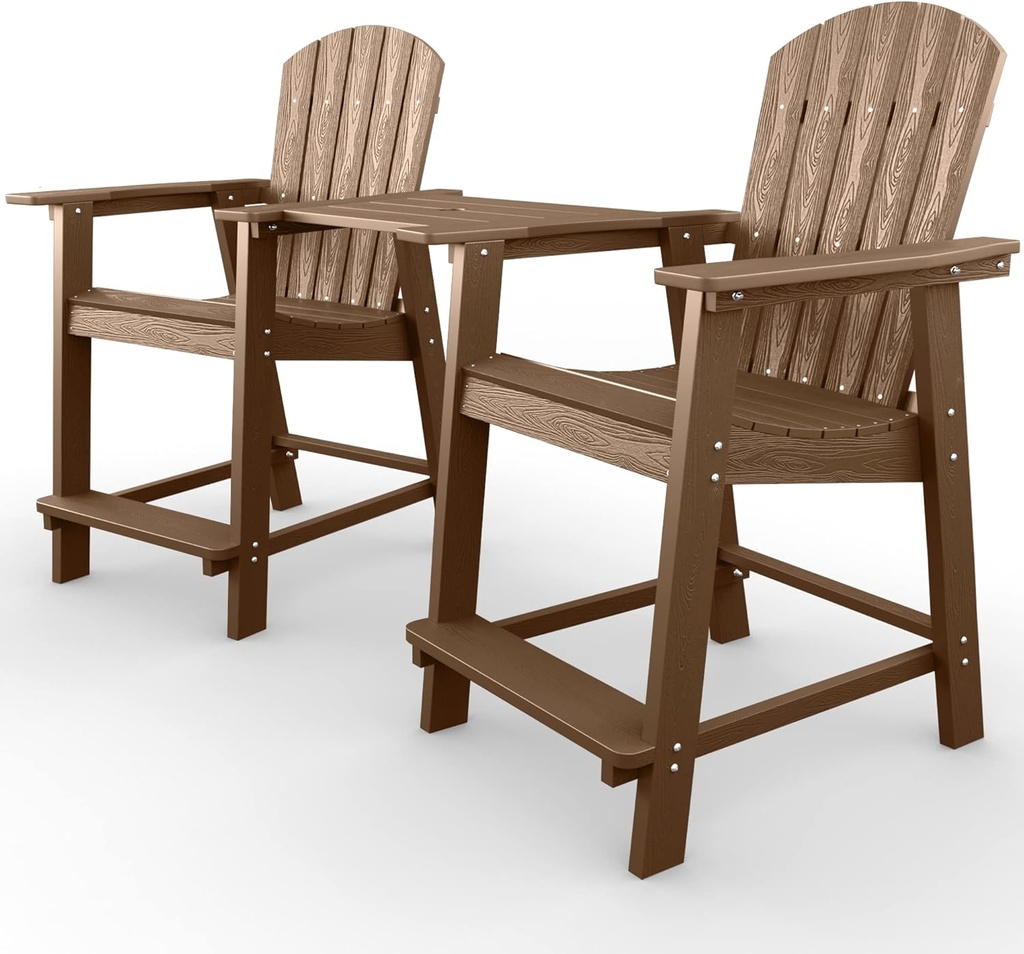 YEFU Tall Adirondack Chair Set of 2, Balcony Chair with Connecting Table, Poly Lumber Adirondack Chair, Patio Bar Stools, 380lbs, Weather Resistant for Outdoor Deck Lawn Pool-Teak