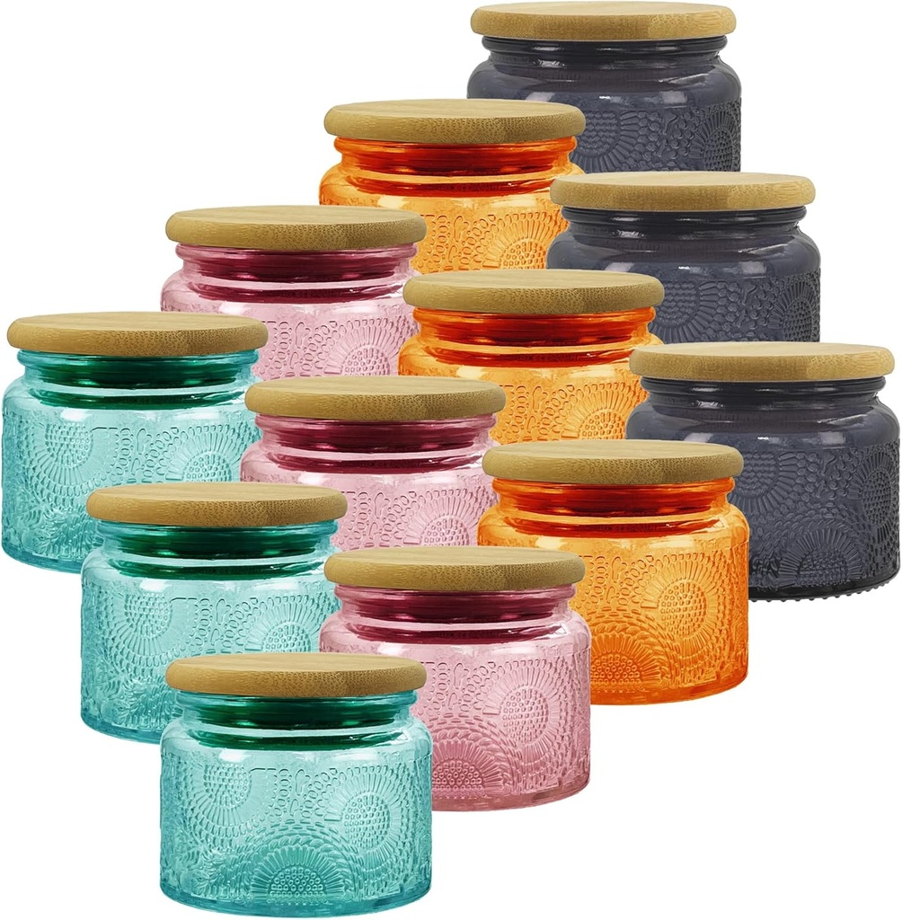 4 oz Colored Mini Glass Jars with Airtight Bamboo Lids 12 pack, Decorative Small Food Storage Canister, Vintage Embossed Home Décor Candle Parties Wedding Baby Shower Favors Gift