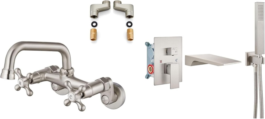 Airuida Wall Mounted Faucet Kitchen Brushed Nickel 6 Inch(15cm) Spout Reach Adjustable Center Wall Mount Tub Faucet with Waterfall Tub Spout Wall Mounted Bathtub Faucet with Handheld Shower Single Han