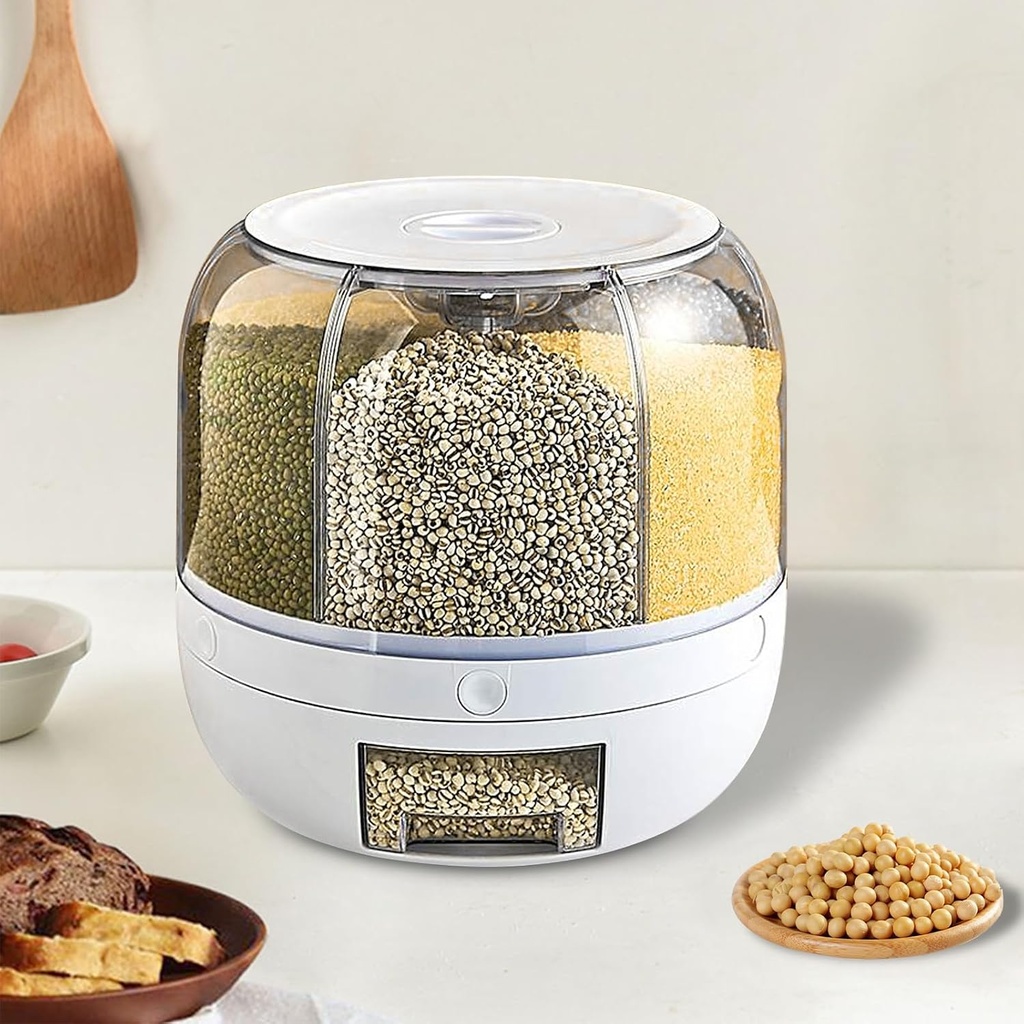 360° Rotating Grain Storage Container – Large Rice Dispenser with One-Click Output, Multi-Compartment Kitchen Organizer for Small Grains, Beans, Flour (Airtight & Stackable)
