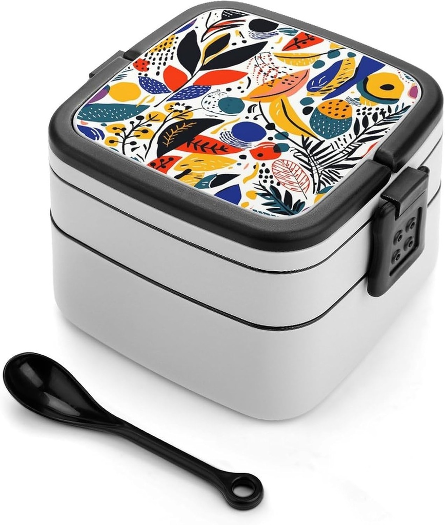 Hand Drawn Plant Pattern Bento Box Adult Lunch Box All-in-One Lunch Containers with Removable Compartments Double Layer Bento Lunch Box with Spoon And Handle Stackable Lunchbox
