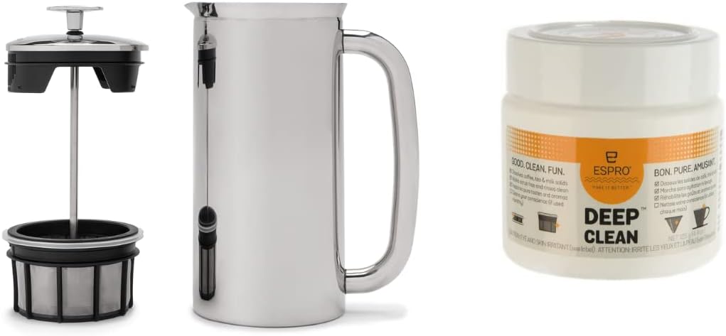 ESPRO - P7 French Press - Double Walled Stainless Steel Insulated Coffee and Tea Maker with Micro-Filter - Keep Drinks Hotter for Longer (Polished Stainless Steel, 32 Oz) Cleaning Powder