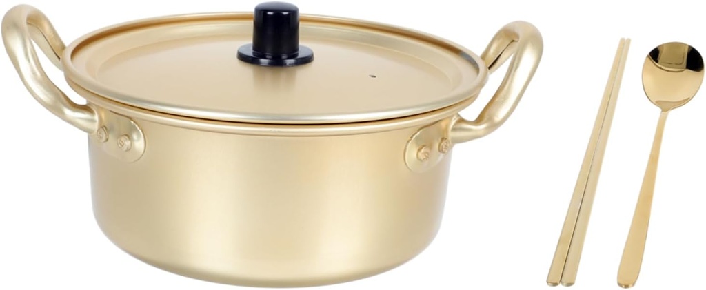 1set Korean Ramen Pot Aluminum Double Ears Noodle Pot -scald Lid Spoon Chopsticks for and Serving for Housewarming and Quick Meals