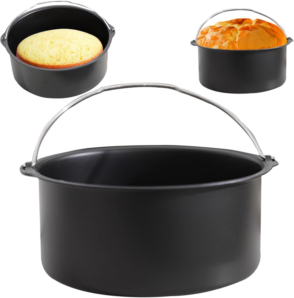 Air Fryer Cake Tin, 7inch Carbon Steel Air Fryer Cake Pan with Handle, Heat Resistant Air Fryer Baking Pan, Cake Barrel Cake Basket Air Fryer Accessories