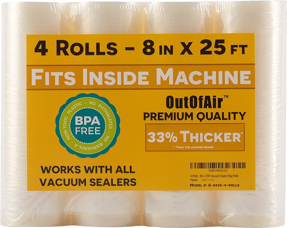 8" x 25' Rolls (Fits Inside Machine) - 4 Pack (100 feet total) OutOfAir Vacuum Sealer Rolls. Works with FoodSaver Vacuum Sealers. 33% Thicker, BPA Free, Sous Vide, Commercial Grade