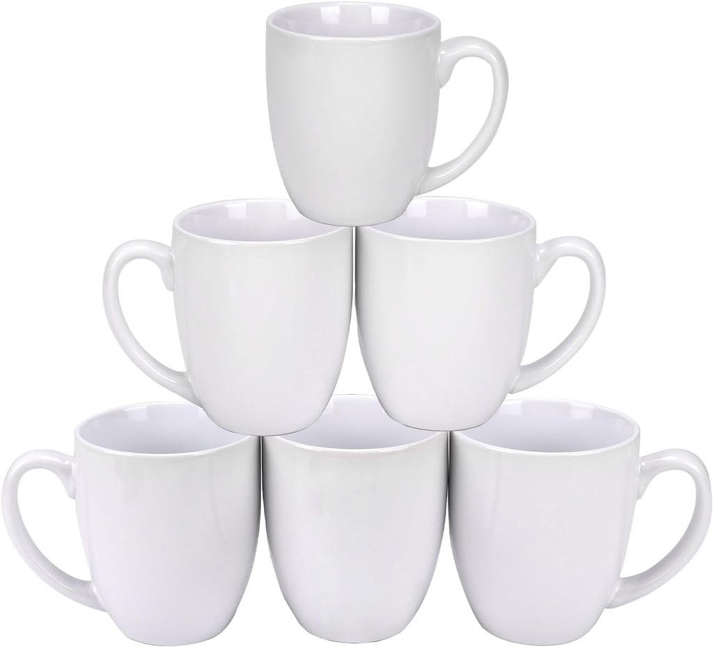 Schliersee 16 OZ White Porcelain Coffee Mugs Set of 6, Large Coffee Cups with Handle for Latte, Hot Tea, Coffee, Cappuccino, Cocoa, Milk, Water, espresso Porcelain Mug Cups, Microwave Safe