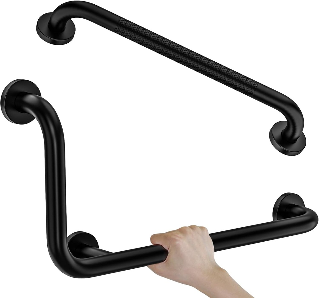 Black L-Shaped Grab Bar 12x24 Inch + Knurled Shower Grab Rail 20 Inch, Zepolu Stainless Steel Toilet Safety Bar 90 Degree, Angled Balance Support Assist Bar for Elderly, Bathroom Mobility Aid Handrail