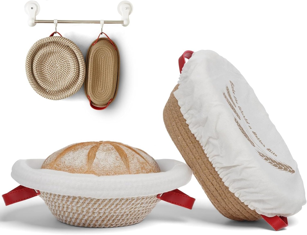 Cotton Rope Banneton Bread Proofing Basket Set, Oval & Round Sourdough Proofing Baskets with Liners and Cloth Covers, Sourdough Bread Baking Supplies for Artisan Bread and Sourdough Baking
