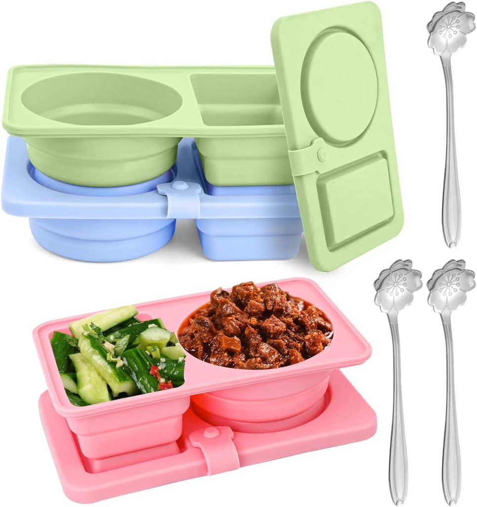 3 set Foldable Silicone Snack Containers with Lids & Silver Cherry blossom Spoon,Reusable Snack Packs Container,Double Compartment Small Snackle Box Container(Blue,Green,Pink)