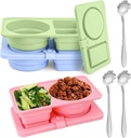 3 set Foldable Silicone Snack Containers with Lids & Silver Cherry blossom Spoon,Reusable Snack Packs Container,Double Compartment Small Snackle Box Container(Blue,Green,Pink)