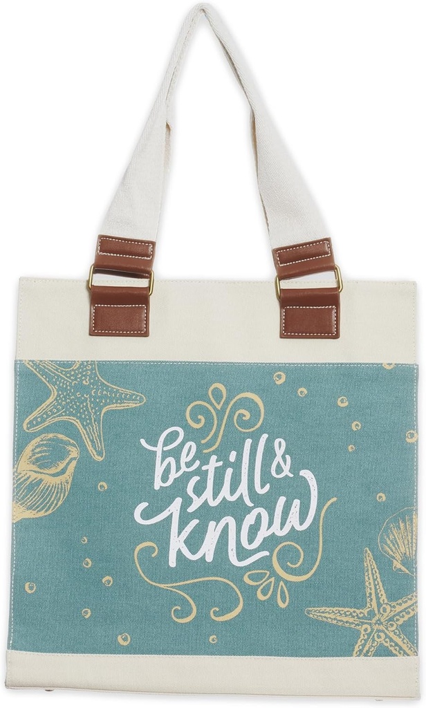 Christian Art Gifts Blue Coastal Canvas Tote Bag for Women: Be Still and Know - Psalm 46:10 Inspirational Bible Verse Tote Bag, Magnetic Closure Heavy Cotton Canvas Lined Handbag for Travel, Non-woven