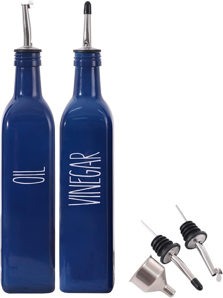 Glass Oil and Vinegar Dispenser Set For Kitchen, 17oz Glass Olive Oil Dispenser Bottle with Pour Spout, Farmhouse Olive Oil Dispenser Bottle For Kitchen, Unique Navy Blue Decor (2 blue)