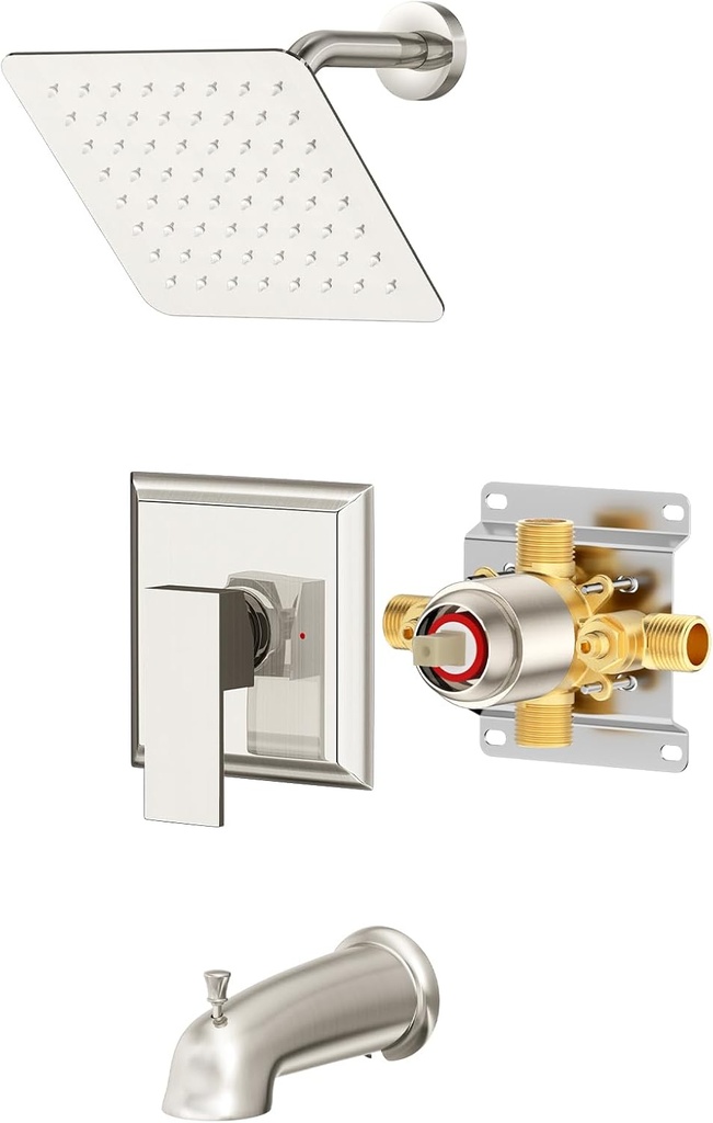 Shower Faucet Set with Tub Spout - SunCleanse Shower System (valve Included) with 8-inch Rain Shower Head and Bathtub Faucet - Brushed Nickel Shower Tub Kit for Bathroom