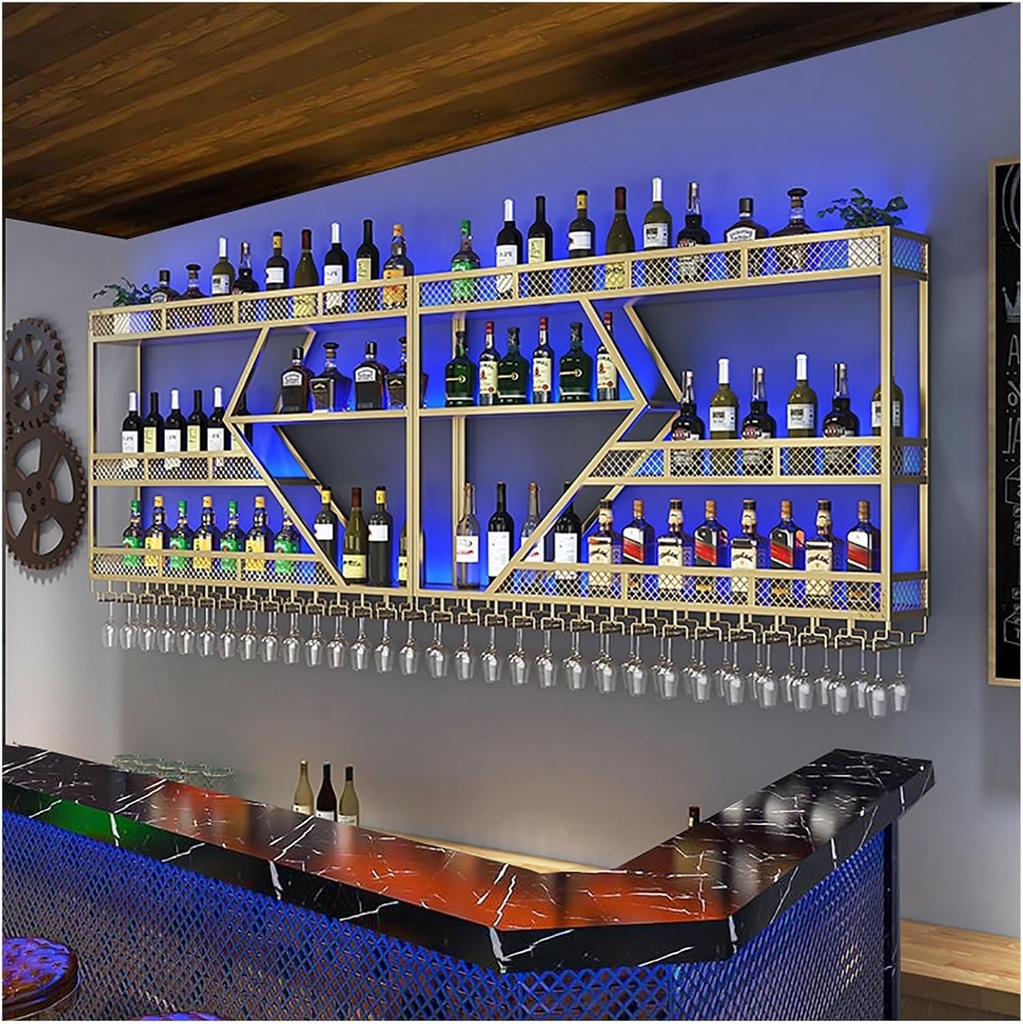 Large Bar Wine Rack Wall Mounted With LED Lights,Wine Shelf With Wine Glass Holder,Floating Bar Shelves,Liquor Bottle Display Shelf,Kitchen Storage Racks,For Wine Cellar,Living Room,Gold/Black(