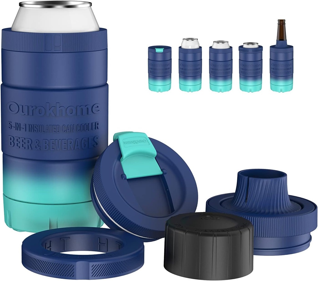 Ourokhome 5 in 1 Can Cooler, Stainless Steel Insulated Beverage Cup for 12 & 16 OZ Skinny & Regular Cans and Bottles, 100% Leak Proof Iced Coffee Tumbler with Lid, Blue and Mint