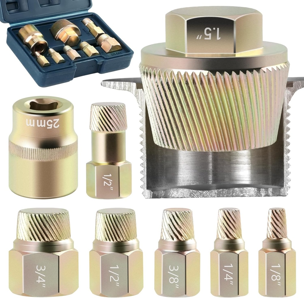 1.5" Tub Drain Removal Tool, 8-Pieces Pipe Nipple Extractor with 1-inch Socket, Strong Grab Plumbing Kit for Remove the Old, Broken, Stubborn, Rusted Drain Tub Bathtub Stopper with Solid Storage Case