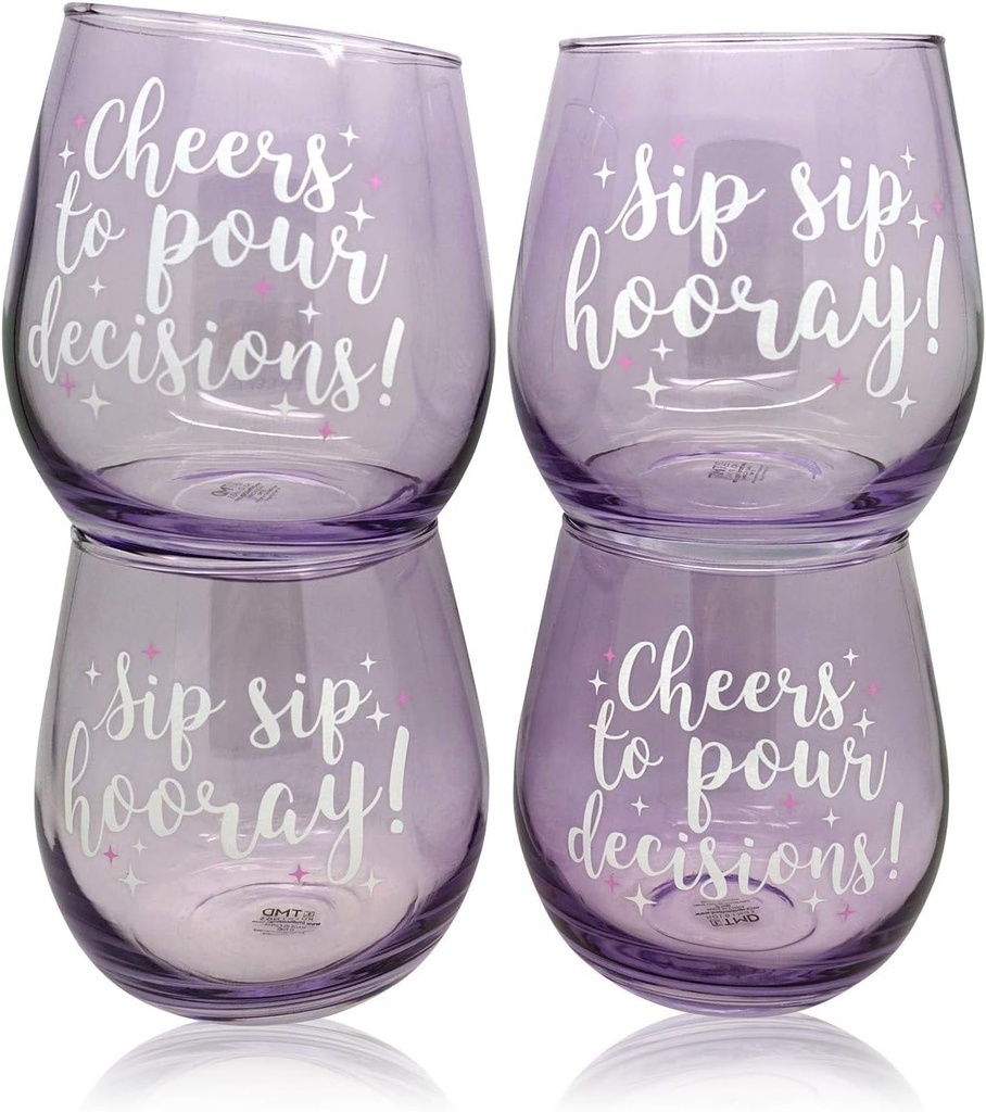 Set of 4 Wine Not Sayings, Purple Stemless Wine Glasses