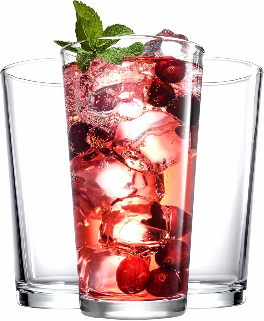 Drinking Glasses Set. Highball Glass Cups 17 oz by Home Essentials Water Colins Cooler Beverage Glassware. For the Bar, Beer, Juice, Iced Tea, and Cocktails. Dishwasher Safe. (Set of 4)