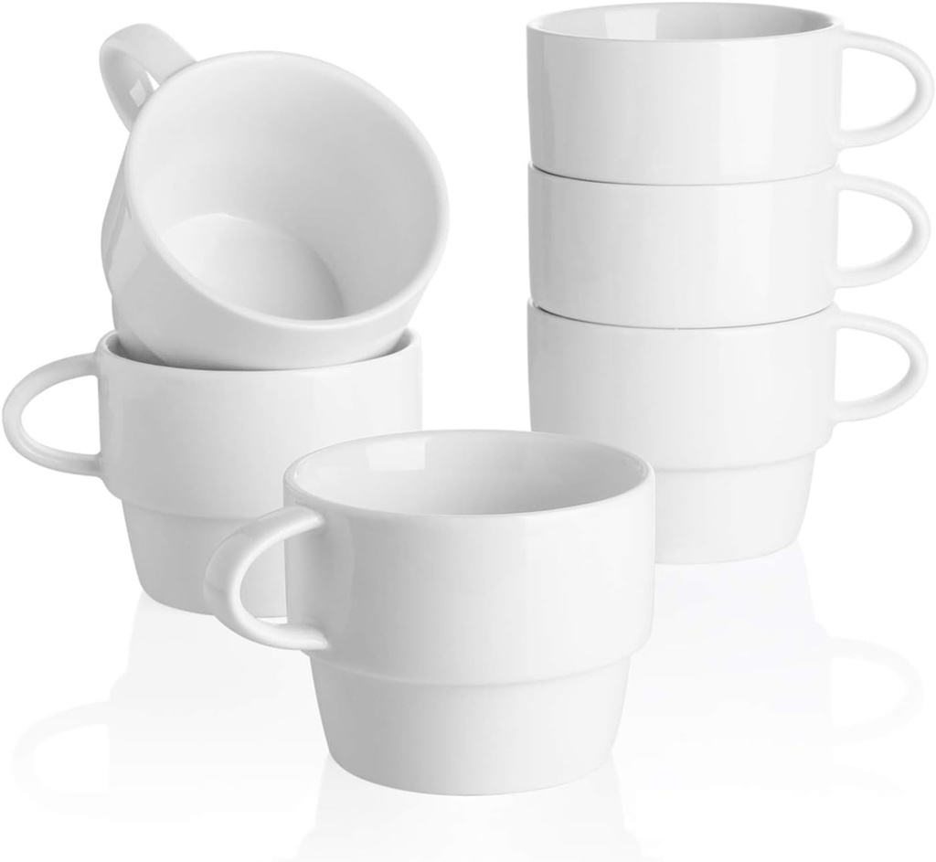 Sweese 6-Pack Porcelain Latte Cups - Stackable 10 Ounce Coffee Mugs for Cappuccino, Mocha, Tea - Space-Saving, Chip-Resistant - Dishwasher Friendly – Ideal for Home and Café, White