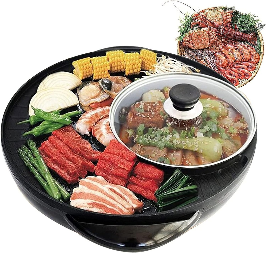 Hot Pot with Grill 2 in 1 Electric BBQ Grill Shabu Shabu Pot Non-Stick Smokeless Korean Barbecue Grill Indoor with Temp Control for 3-5 People Fast Heating