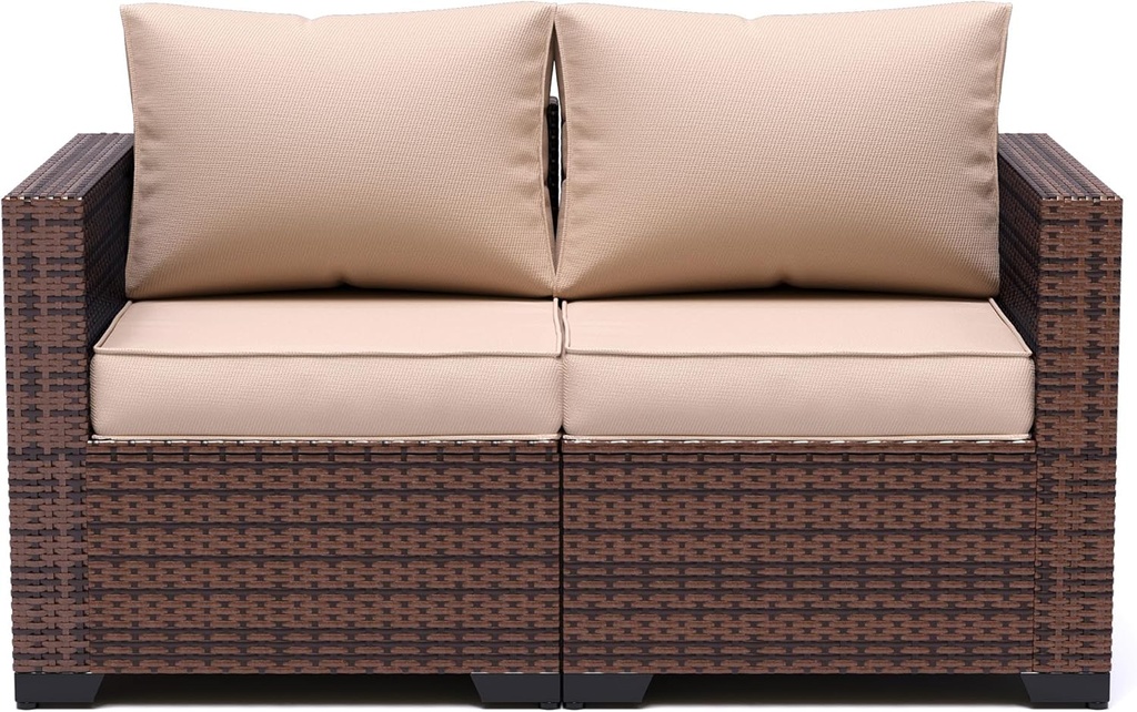 UDPATIO Love-Seat Patio Wicker Sofa, Outdoor Rattan Sectional Couch Furniture Steel Frame w/Furniture Cover Non-Slip Cushion and Deep Seating High Back, Khaki