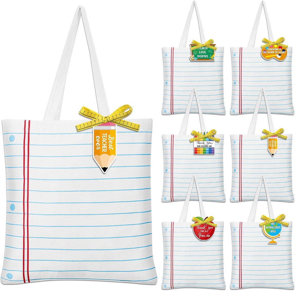 6 Sets Teacher Appreciation Gifts Canvas Tote Bags for Teacher Back to School Bags Canvas Bags with Tags and Ribbons Notebook Line Style Reusable Grocery Bag Bulk for School Office Classroom Teachers
